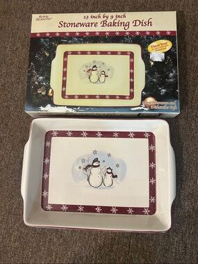 New in Box 13" X 9" Cream  Red Stoneware Baking Dish with Snowman Motif